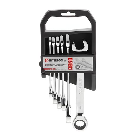 Професійний набір комбінованих ключів з тріскачкою, 6 шт. (8-19 мм), Cr-V, DIN3113 INTERTOOL XT-1301