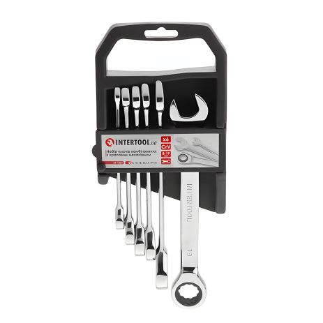 Професійний набір комбінованих ключів з тріскачкою, 6 шт. (8-19 мм), Cr-V, DIN3113 INTERTOOL XT-1301