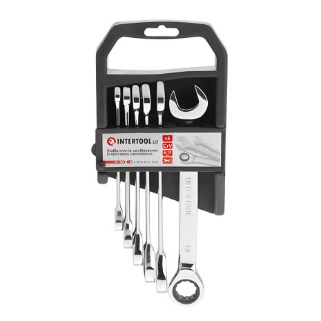 Набір комбінованих ключів з тріскачкою, 6 шт., 8-19 мм, Cr-V, професійний, DIN3113 INTERTOOL XT-1302