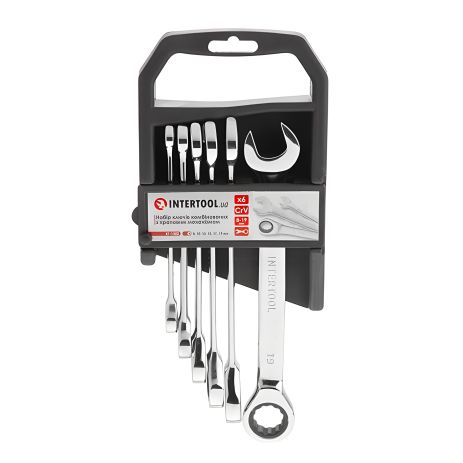 Набір комбінованих ключів з тріскачкою, 6 шт., 8-19 мм, Cr-V, професійний, DIN3113 INTERTOOL XT-1302 Набір комбінованих ключів з тріскачкою, 6 шт., 8-19 мм, Cr-V, професійний, DIN3113 INTERTOOL XT-1302