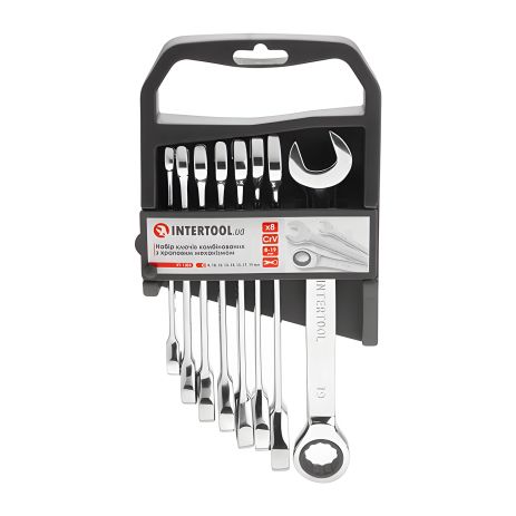 Ключів комбінованих набір з тріскачкою, 8 шт., 8-19 мм, Cr-V, професійний, DIN3113 INTERTOOL XT-1303