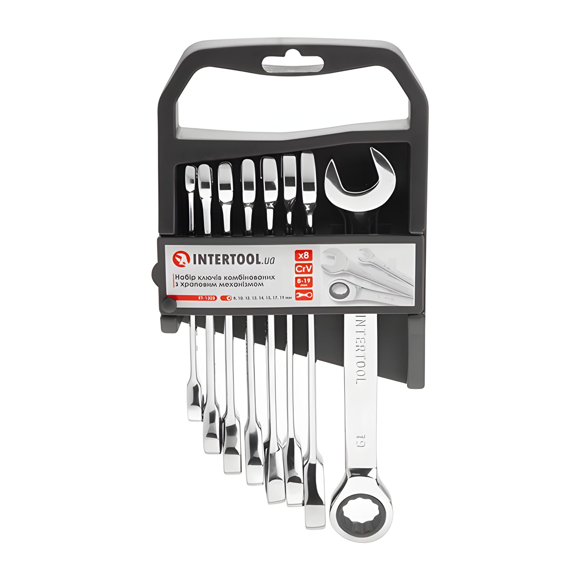Набор ключей комбинированных, с трещоткой, 8 шт., 8-19 мм, Cr-V, професійний, DIN3113 INTERTOOL XT-1303 Набор ключей комбинированных, с трещоткой, 8 шт., 8-19 мм, Cr-V, професійний, DIN3113 INTERTOOL XT-1303