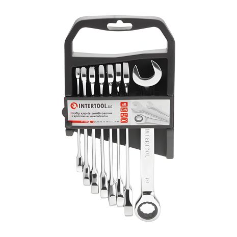 Набор ключей комбинированных, с трещоткой, 8 шт., 8-19 мм, Cr-V, професійний, DIN3113 INTERTOOL XT-1303