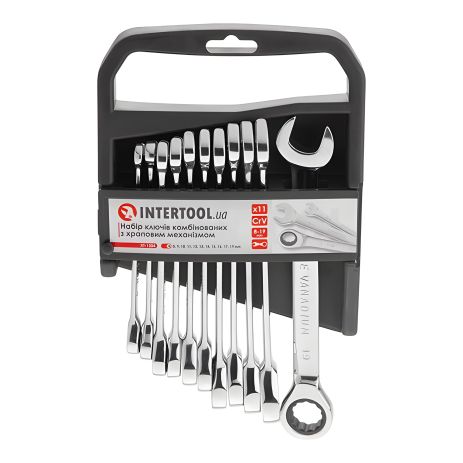 Набор комбинированных ключей с трещоткой, 11 шт., 8-19 мм, Cr-V, профессиональный, DIN3113 INTERTOOL XT-1304