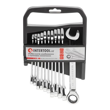 Набір комбінованих ключів з тріскачкою, 11 шт., 8-19 мм, Cr-V, професійний, DIN3113 INTERTOOL XT-1304