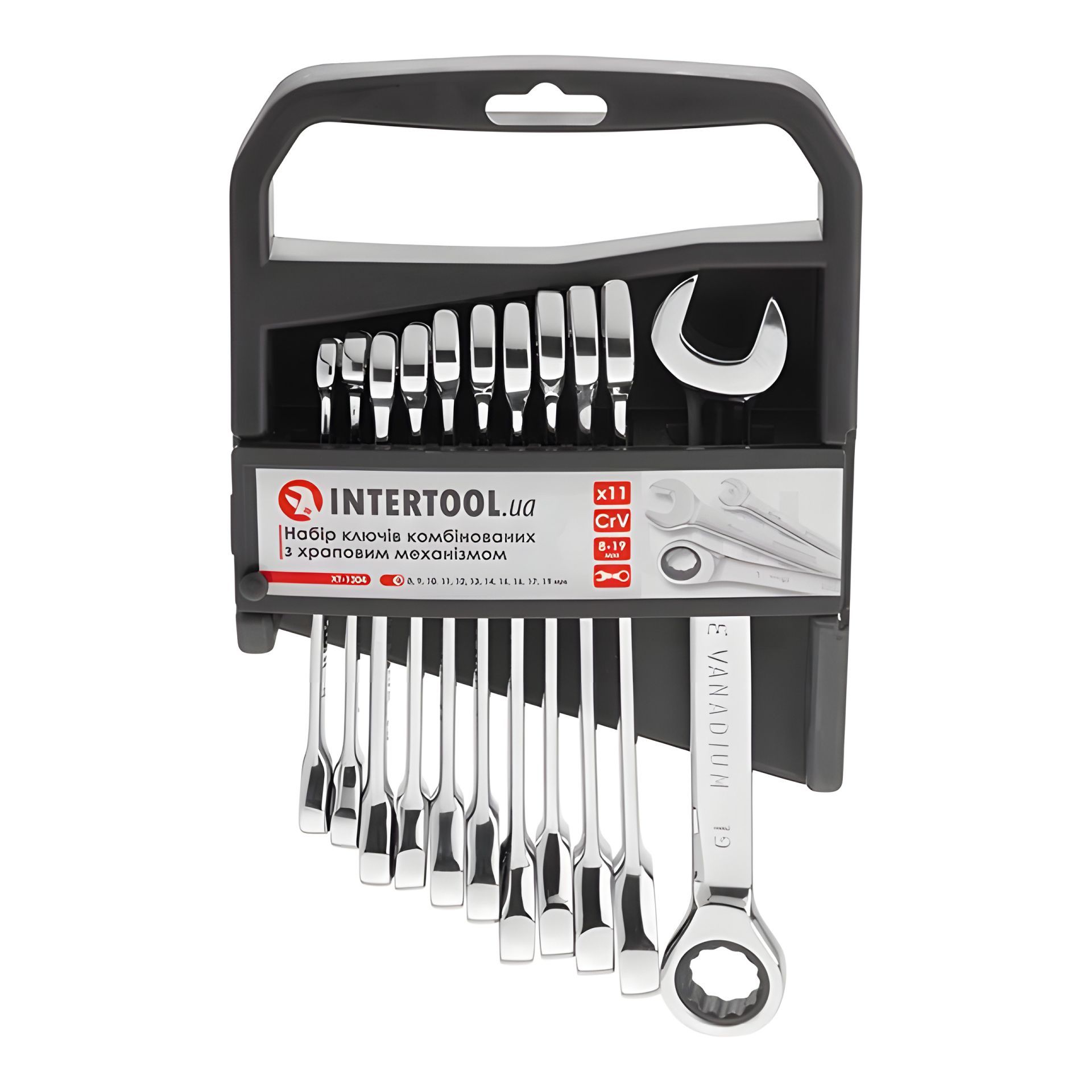 Набор комбинированных ключей с трещоткой, 11 шт., 8-19 мм, Cr-V, профессиональный, DIN3113 INTERTOOL XT-1304 Набор комбинированных ключей с трещоткой, 11 шт., 8-19 мм, Cr-V, профессиональный, DIN3113 INTERTOOL XT-1304