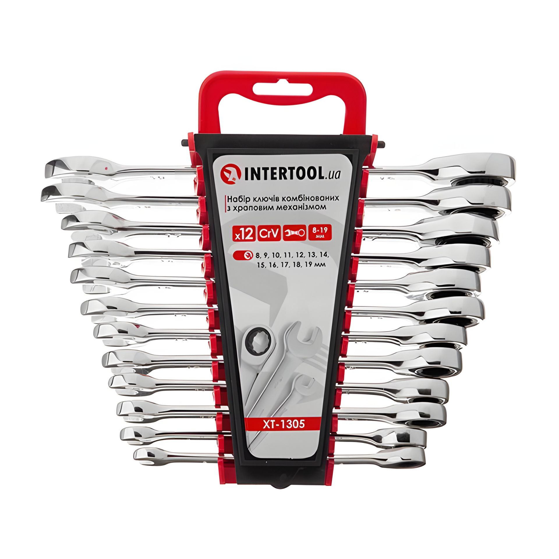 Набір комбінованих ключів з тріскачкою, 12 шт., професійний 8-19 мм, Cr-V, DIN3113 INTERTOOL XT-1305 Набір комбінованих ключів з тріскачкою, 12 шт., професійний 8-19 мм, Cr-V, DIN3113 INTERTOOL XT-1305
