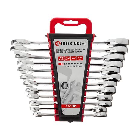 Набір комбінованих ключів з тріскачкою, 12 шт., професійний 8-19 мм, Cr-V, DIN3113 INTERTOOL XT-1305