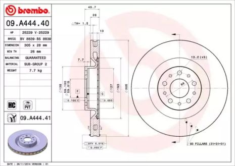 Диск гальмівний OPEL COMBO, OPEL COMBO, BREMBO (09A44441)