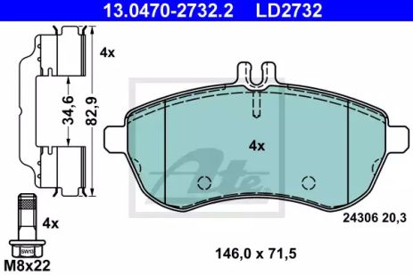 Набір гальмівних майданчиків, диск-гальмо Mercedes-Benz C-Class, Ate (13047027322)