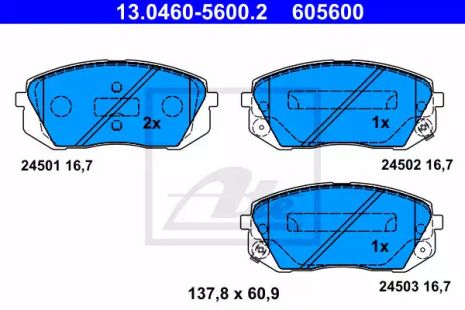 Комплект тормозных колодок, дисковый тормоз HYUNDAI TUCSON, KIA SPORTAGE, ATE (13046056002)