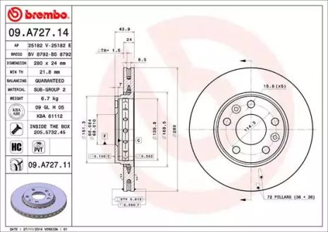 Диск тормозной DACIA DUSTER, RENAULT MEGANE, BREMBO (09A72711)