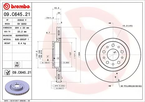 Тормозной диск FIAT TIPO, BREMBO (09C64521) Тормозной диск FIAT TIPO, BREMBO (09C64521)