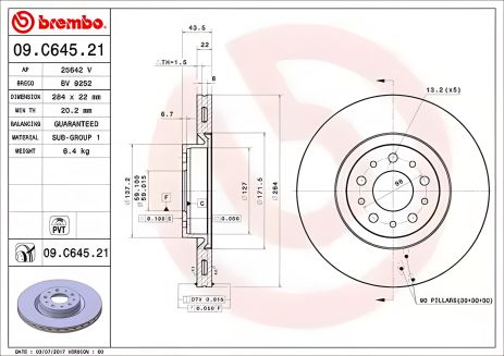 Тормозной диск FIAT TIPO, BREMBO (09C64521)