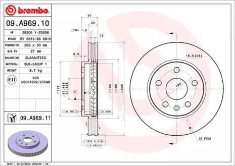 Диск гальмівний CHEVROLET MALIBU, SAAB 9-5, BREMBO (09A96910)