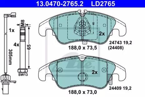 Комплект гальмівних колодок, дискове гальмо AUDI A7, ATE (13047027652)