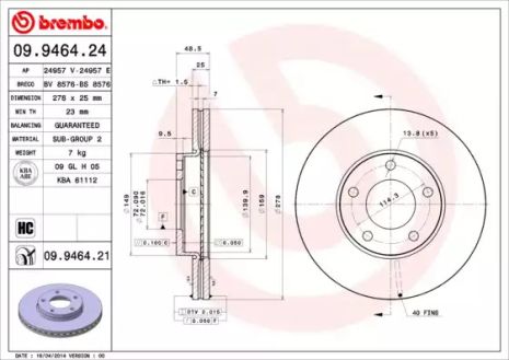 Диск тормозной MAZDA 5, BREMBO (09946424)