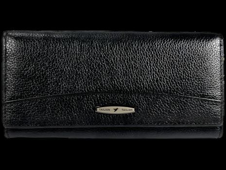 Черный кожаный женский кошелек с застежкой и монетницей