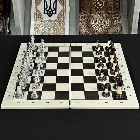 Шахматы из камня с текстурой белого мрамора 47×23,5×2см классический набор для игры