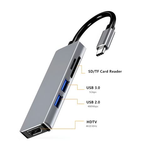 Type-C адаптер 5-в-1 HDMI 4K + VGA + 2x USB 3.0 + PD 100W