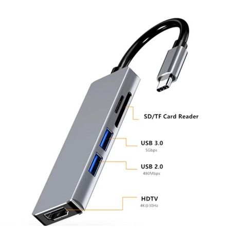 Type-C адаптер 5-в-1 HDMI 4K + VGA + 2x USB 3.0 + PD 100W