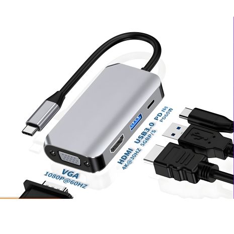 Адаптер-переходник Haowei HW-6004 4in1 Type-C to HDTV/VGA/Type-C PD 60W/USB 3.0