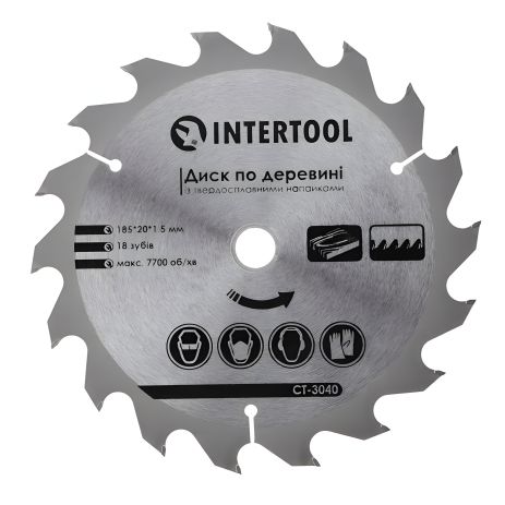 Диск з твердосплавними напайками по деревині, 185×20×1,5 мм, 18 зубів, 7700 об/хв INTERTOOL CT-3040
