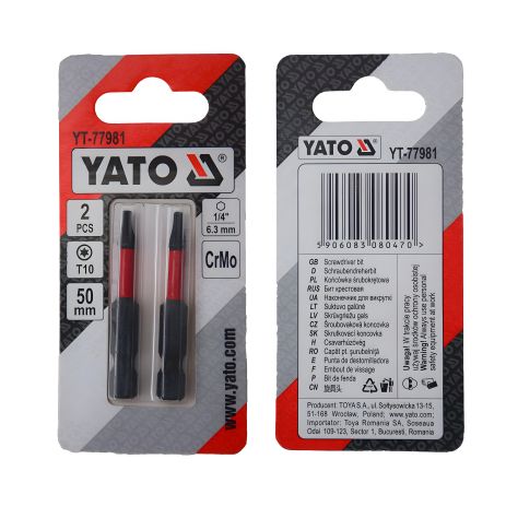 Отверточная насадка TORX T10 x 50 мм HEX 1/4", хром-молибден, 2 шт. Yato YT-77981