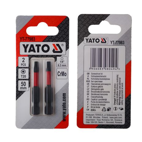 Насадка отверточная TORX T20 х 50 мм, хром-молибден, HEX 1/4”, Yato YT-77983 (2 шт.)