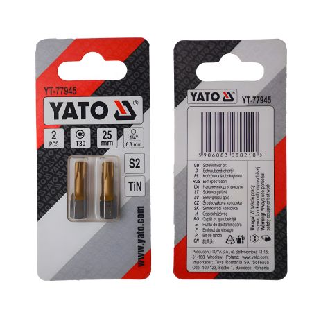 Насадка отверточная TORX T30 x 25 мм. HEX 1/4", титановое покрытие, 2 шт. Yato YT-77945