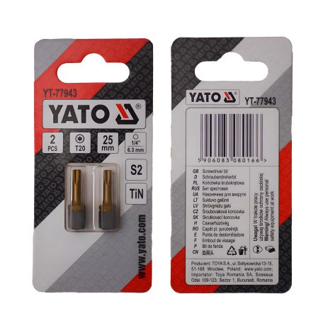 Отверточная насадка TORX T20 х 25 мм, HEX 1/4", покрытие титаном, 2 шт. Yato YT-77943