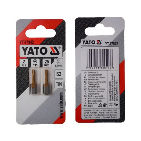 Викруткова насадка; шліць "TORX" T15 х 25 мм. шпиндель 6-гран-1/4", титанове покриття, 2 шт. Yato YT-77942