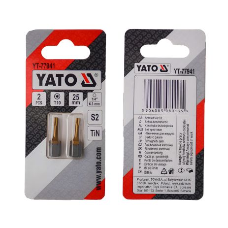 Отверточная насадка TORX T10 х 25 мм. HEX 1/4", титановое покрытие, 2 шт. Yato YT-77941