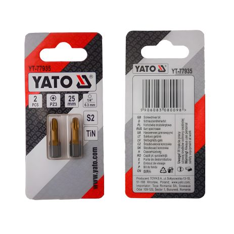 Отверточная насадка PZ3 х 25 мм, HEX 1/4", титановое покрытие, 2 шт. Yato YT-77935