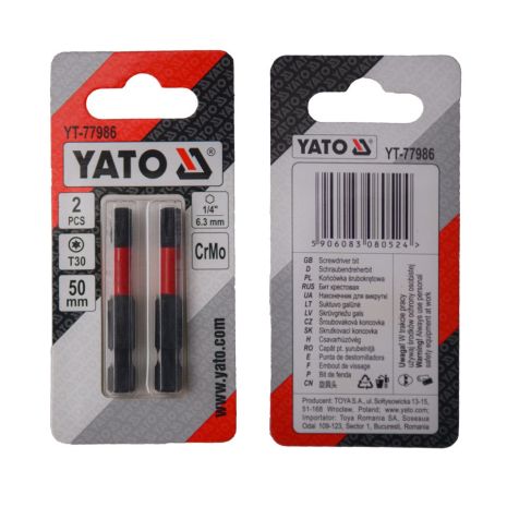Викрутка насадка TORX T30 х 50 мм. HEX 1/4", хром-молібден, 2 шт. Yato YT-77986
