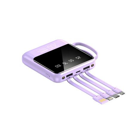 УМБ Power Bank 20000 mAh с LCD дисплеем и LED фонарем HY-C40 фиолетовый, быстрая зарядка, встроенный кабель-адаптер 4 в 1