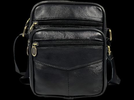 Кожаная сумка через плечо, черная, 3 л, четыре отделения, застежка на молнии