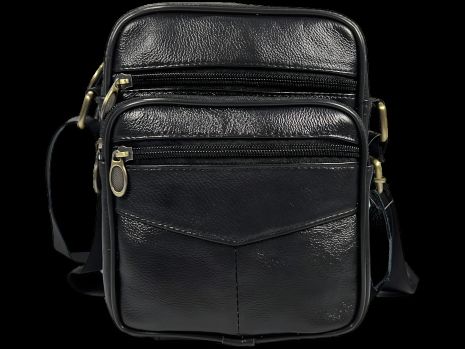Кожаная сумка через плечо, черная, 3 л, четыре отделения, застежка на молнии