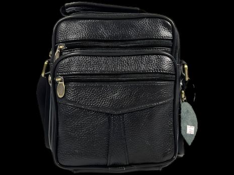 Чоловіча шкіряна сумка через плече, чорна, на п'ять відділень