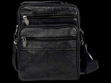Функциональная мужская кожаная сумка через плечо, 4 отделения, черная
