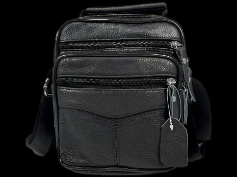 Компактна чоловіча сумка через плече на п’ять відділень, натуральна шкіра, чорна