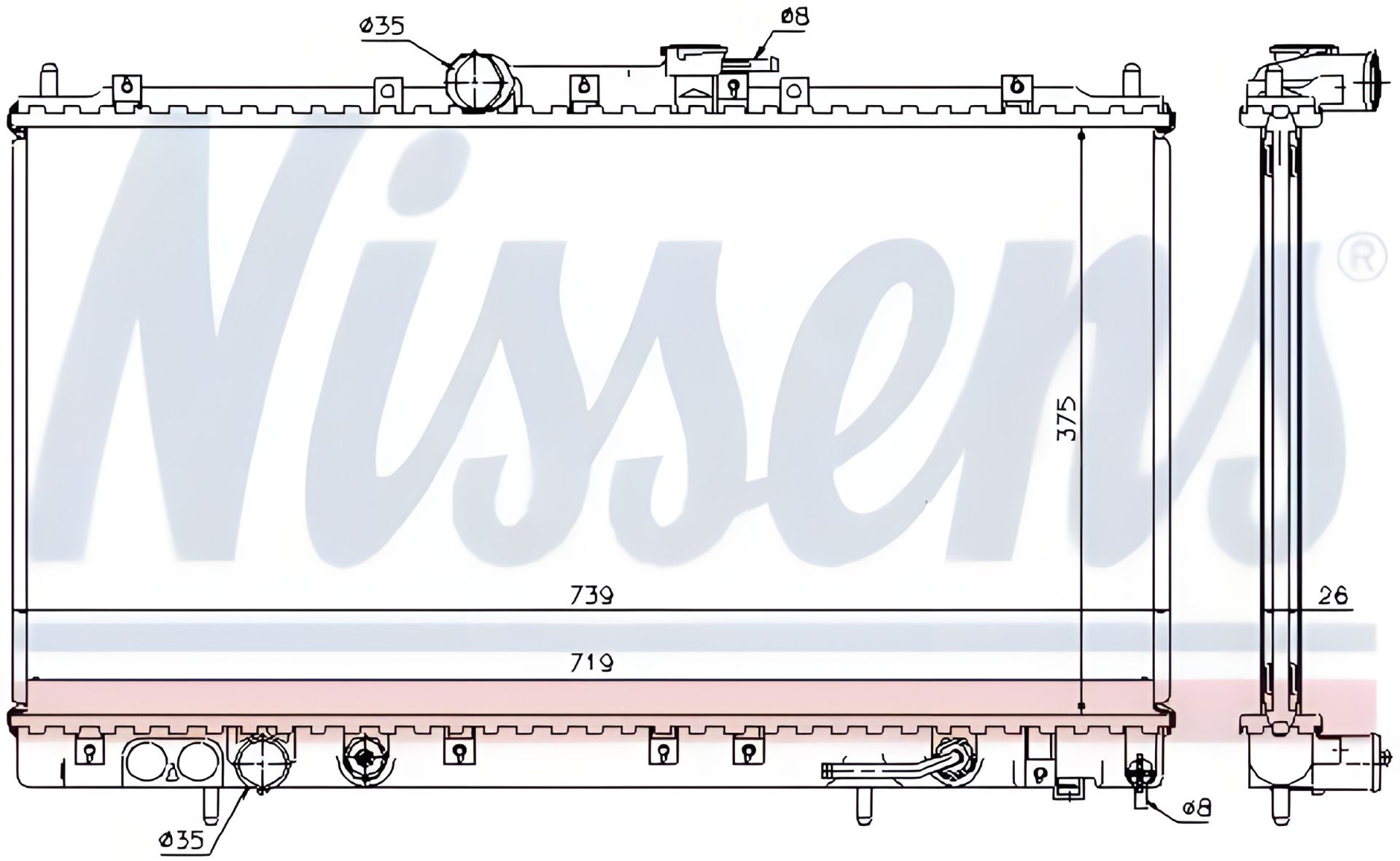 Охлаждающий радиатор двигателя MITSUBISHI GALANT, NISSENS (62869A) Охлаждающий радиатор двигателя MITSUBISHI GALANT, NISSENS (62869A)