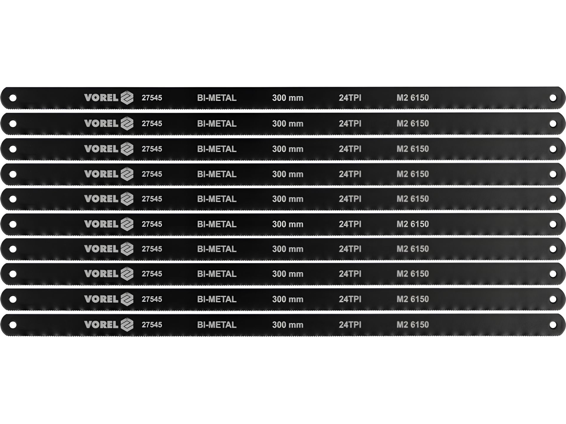 BI-металеве полотно для ножівки по металу M2 CrV6150, 300х12, 6х0, 65 мм, 24 зуба/1" паків. 10шт Vorel 27545 BI-металеве полотно для ножівки по металу M2 CrV6150, 300х12, 6х0, 65 мм, 24 зуба/1" паків. 10шт Vorel 27545
