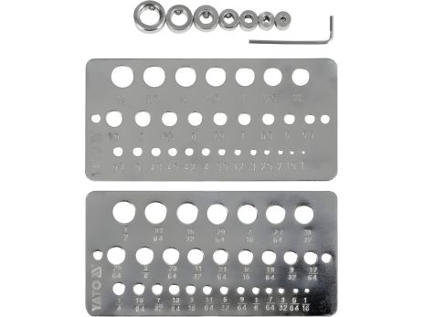 Шаблони контролю діаметрів і глибин свердління отворів Ø= 1-13 мм/1/16-1/2", 10 шт з ключем [20] від Yato YT-44095