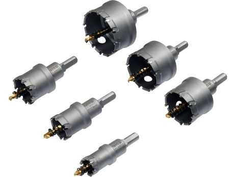 Корончаті свердла по металу TCT Ø22-30-35-45-50-65x 103мм, товщина до 25мм, HEX 3/8" 6шт Yato YT-44077 Корончаті свердла по металу TCT Ø22-30-35-45-50-65x 103мм, товщина до 25мм, HEX 3/8" 6шт Yato YT-44077