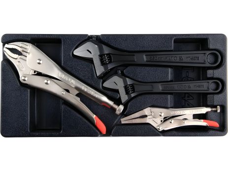 Вклад у інструментальну шафу; набір з 2 розвідних ключів - 200, 250 мм, і 2 затискачів - 150, 250 мм Yato YT-55444 Вклад у інструментальну шафу; набір з 2 розвідних ключів - 200, 250 мм, і 2 затискачів - 150, 250 мм Yato YT-55444