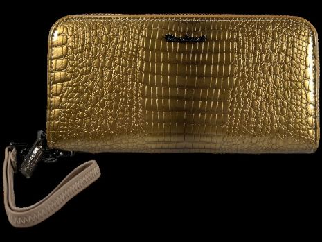 Жіночий гаманець елегантний, шкіряний, золотий, з ремінцем для переносу