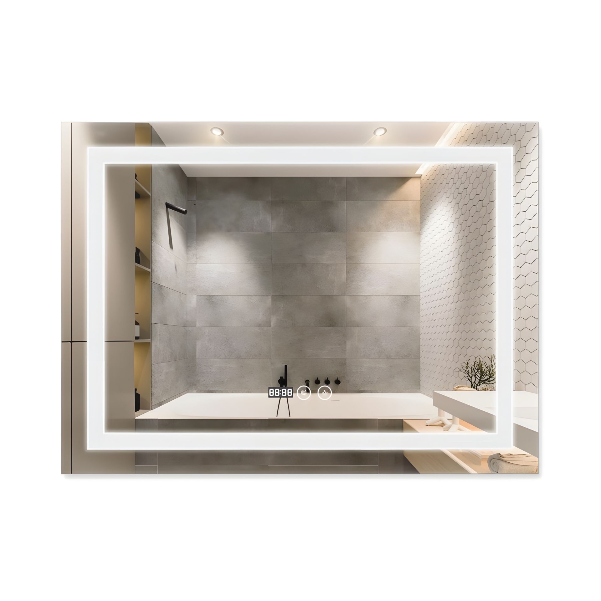 Зеркало для ванны с подсветкой, антизапотеванием и часами Qtap Mideya 80х60 см (QT2078F904W) Зеркало для ванны с подсветкой, антизапотеванием и часами Qtap Mideya 80х60 см (QT2078F904W)