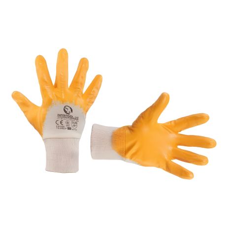Перчатка х/б трикотаж c покрытием 3/4 из нитрила, 8", 120 пар, желтая INTERTOOL SP-0108W Перчатка х/б трикотаж c покрытием 3/4 из нитрила, 8", 120 пар, желтая INTERTOOL SP-0108W