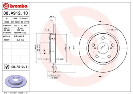 Диск тормозной TOYOTA COROLLA, BREMBO (08A91210)